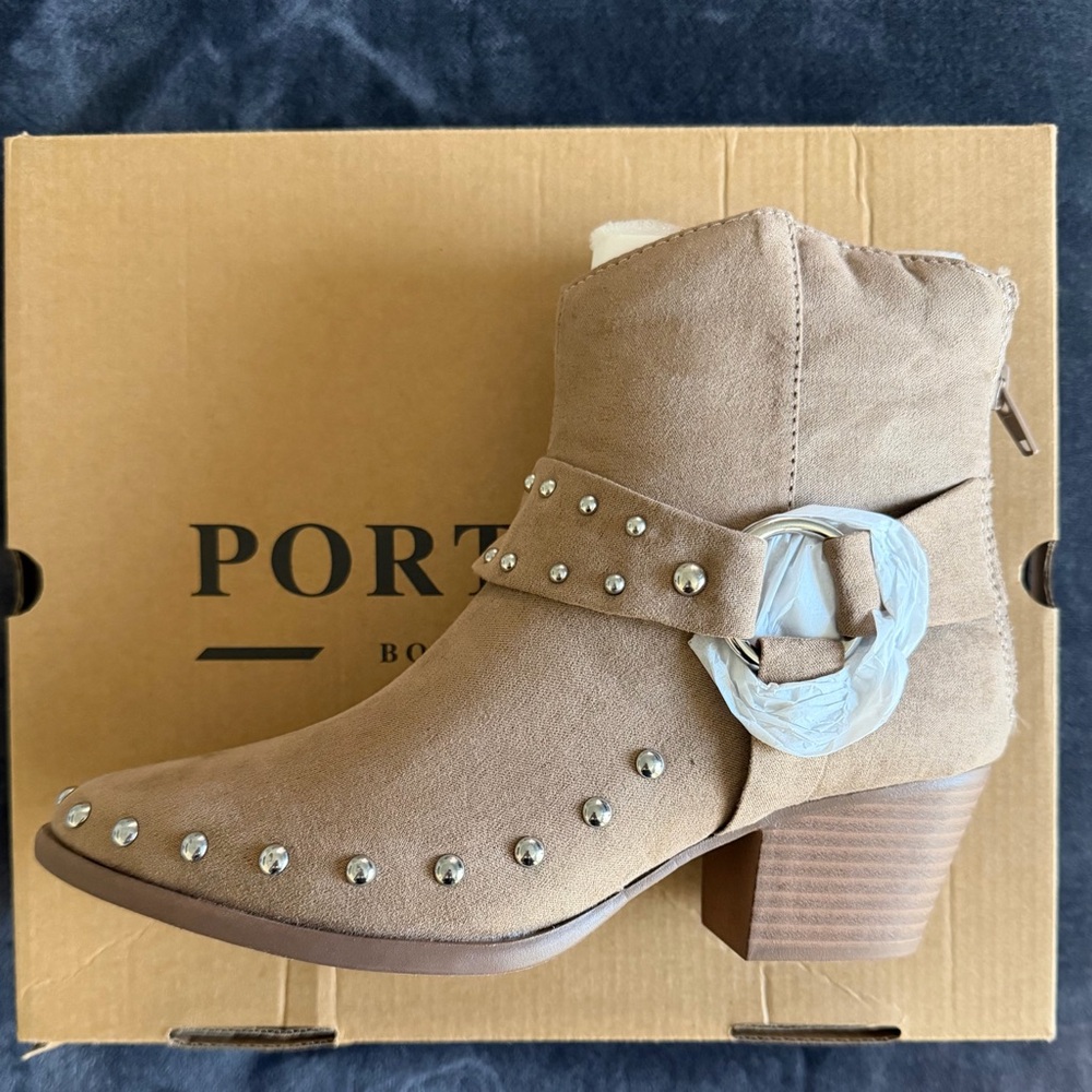 Portland Taupe Suede Studded Ankle Bootie with Buckle